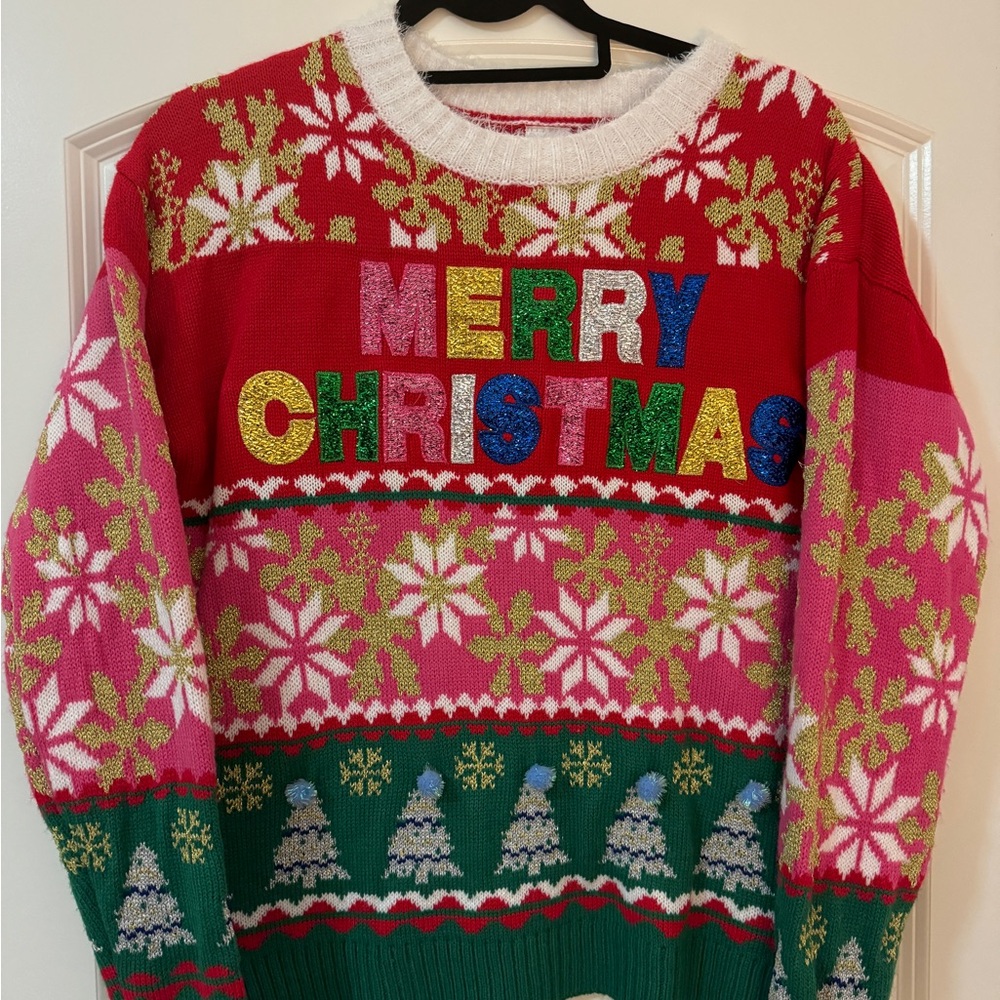 Festive Red and Pink Merry Christmas Sweater